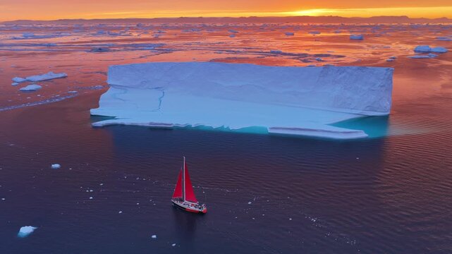 Red sailboat sails near huge iceberg at sunset