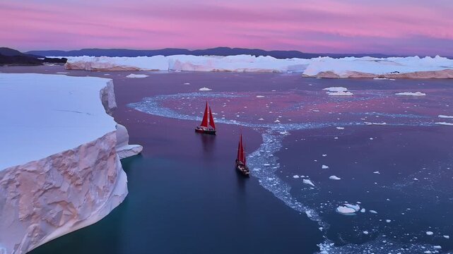 Sailboats with red sails navigating arctic icebergs