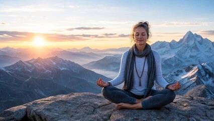 Fototapeta premium Young Woman Meditating in Lotus Pose on Mountain Top at Sunrise for Mindfulness and Mental Health