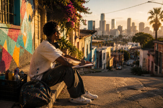Street artist sketching ideas before painting a new mural