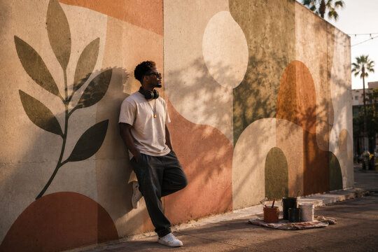 Street artist taking a quiet break beside a finished mural