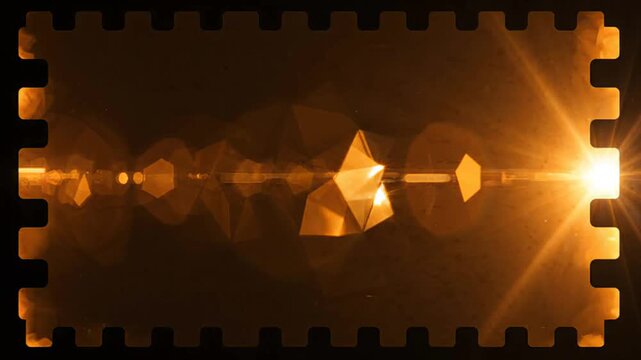 Motion graphic overlay film effect featuring a vintage celluloid border frame with anamorphic lens flare and golden light leaks for cinematic post production video editing