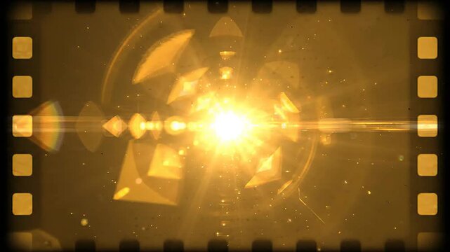 Motion graphic overlay film effect featuring a bright golden sun flare with vintage celluloid filmstrip border framing on a textured cinematic background for professional editing