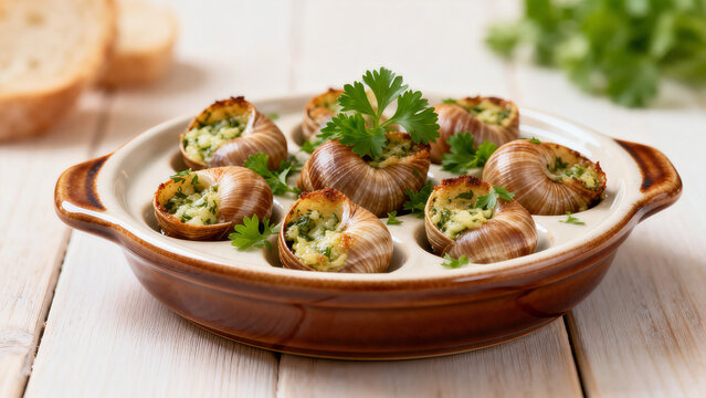 Classic baked French escargots with garlic herb butter in ceramic escargot dish