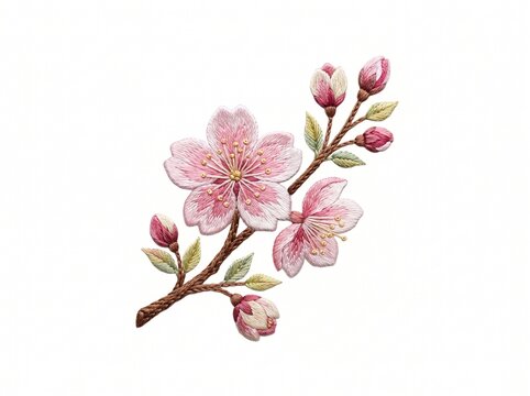 Detailed embroidery cherry blossom branch with pink sakura flowers and buds isolated on white background

