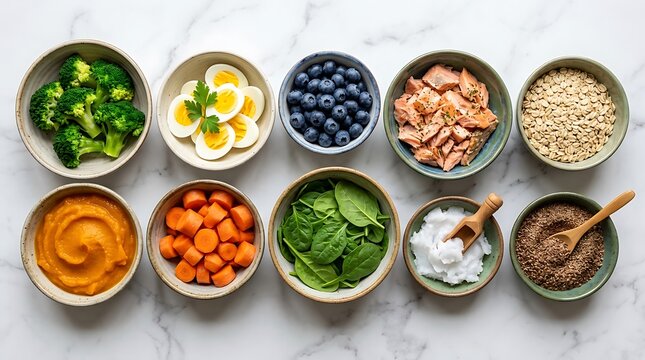 Top view of healthy food bowls with fresh vegetables eggs fruits and grains for balanced diet. dog nutrition guide