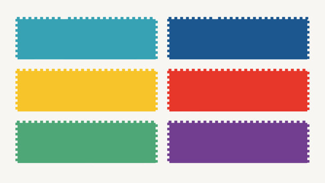 Six colorful scalloped edge bordered rectangles in horizontal layout . Vector Flat Illustration.