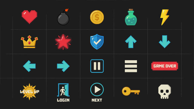 Set of colorful pixel art icons for game menu and user interface elements . Vector Flat Illustration.