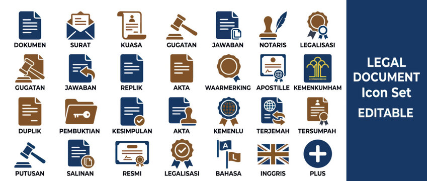 Legal document and notary icon set for law and justice services