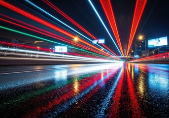 Fototapeta premium Dynamic light trails over wet asphalt at night time with cityscape background