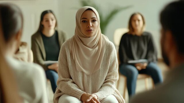 Group discussion with woman in hijab at center of attention