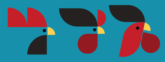 Creative geometric poultry illustration set featuring stylized chicken, rooster, and hen characters built from simple shapes and bold colors. This modern flat vector design combines minimalist geometr © sofian