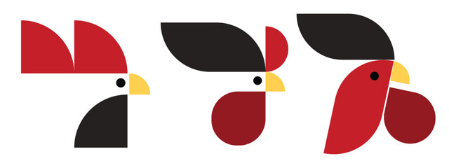 Creative geometric poultry illustration set featuring stylized chicken, rooster, and hen characters built from simple shapes and bold colors. This modern flat vector design combines minimalist geometr © sofian