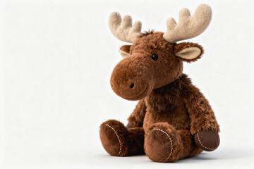Fototapeta premium A soft brown plush moose stuffed toy sits against a plain white background, designed as a cute children's item.
