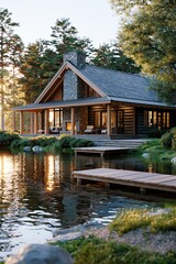 Fototapeta premium Luxury lake house on pristine water, reflecting golden light at sunset, offering tranquil retreat and rustic elegance