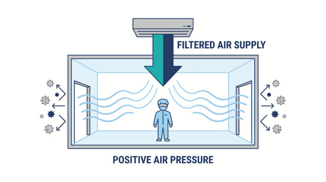 Positive air pressure system diagram showing clean room environment with filtered air supply and particulate contamination