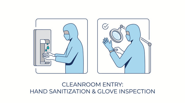 Hand sanitization and glove inspection procedure for cleanroom entry with cleanroom sanitization inspection protocol procedure