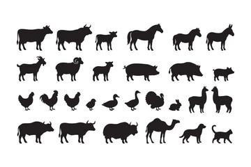 Obraz premium Farm Animals Silhouette Set - Black Domestic Livestock and Poultry Vector Icons Collection Isolated on White