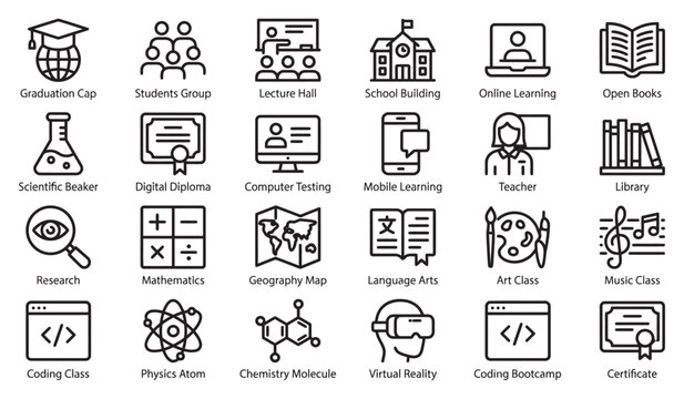 Learning Outline Icons Set for Online Education and Academic Subjects