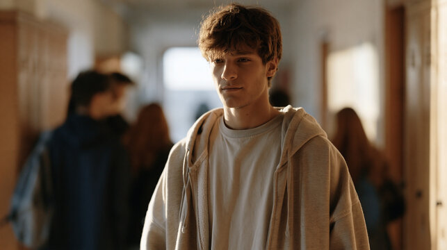 Roma teenage boy in a school hallway being pressured by peers to skip class, body language clearly conflicted, lockers framing the group in industrial corridor perspective,