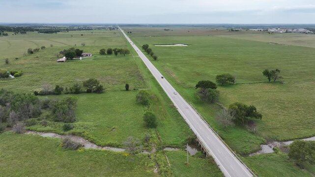 Aerial view of the green fields along Route 66 in Oklahoma, USA