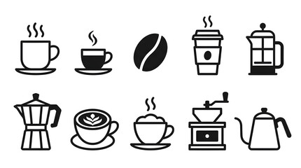 Obraz premium Espresso and coffee brewing equipment icons vector. Line art symbols for cafe menu, shop branding, and packaging.