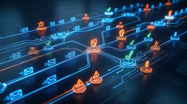 Futuristic data flow interface with illuminated icons and connecting lines on dark blue