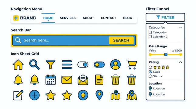 Modern website ui kit with navigation menu search bar and icons