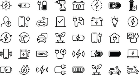 Fototapeta premium Battery Charging and Renewable Energy Line Icon Set featuring Electric Vehicle, Power Plug, Lightning Bolt, Solar Power, and Smart Tech Symbols