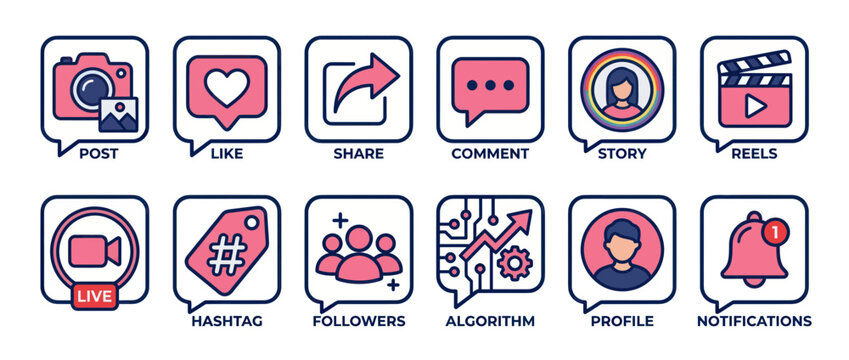 Social media engagement and marketing flat line icon set