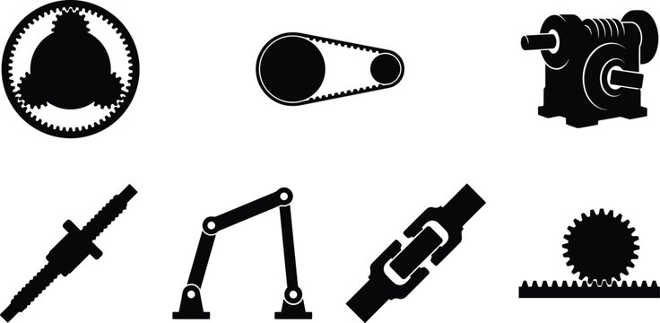 Mechanical Power Transmission Components Silhouette Vector Collection with Gears Belts and Industrial Machine Parts
