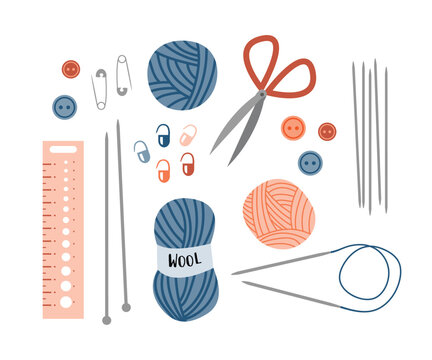 Knitting tools and equipment set &ndash; flat vector illustration of yarn, knitting needles, scissors, stitch markers and other DIY craft supplies.