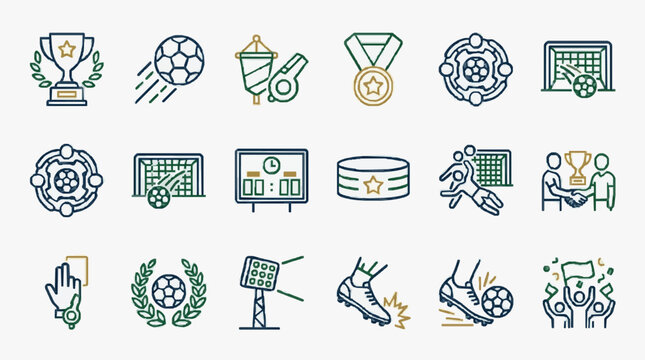 Dynamic Collection of Soccer Themed Icons Showcasing Awards Actions and Equipment in Green Gold and Blue