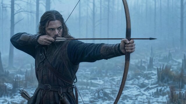 Medieval Archer Character Aiming Longbow in Misty Winter Forest