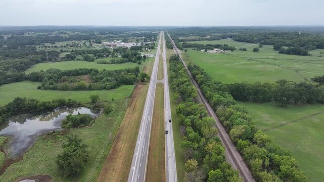 Aerial view of the green fields along Route 66 in Oklahoma, USA