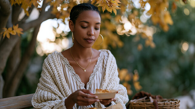Ethiopian introverted employee eating lunch alone on an outdoor bench far from office common areas, autumn leaves drifting past, eyes relaxed and breathing visibly slower, wide