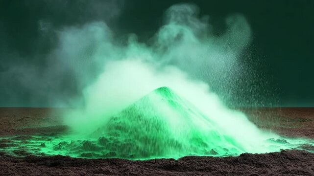 Pile of dark ash emitting green vapor on plain
