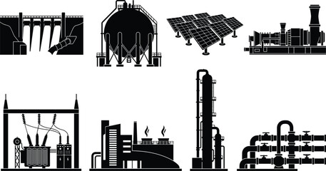 Obraz premium Industrial Energy Infrastructure Silhouette Vector Collection with Power Generation and Utility Equipment Icons