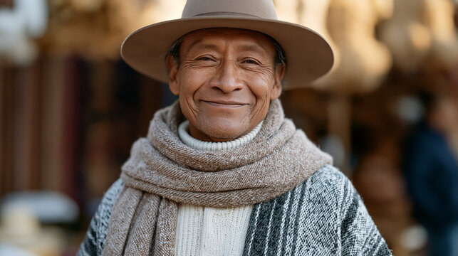 Peruvian man in his fifties selling handmade goods at a weekend market after leaving corporate management, wide environmental establishing view, harvest festival backdrop, midlife
