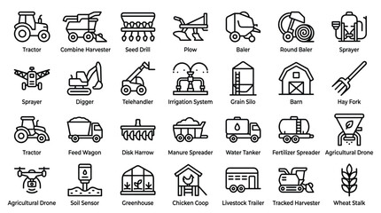Agriculture and farming equipment icons showing tractors harvesters irrigation systems barn grain silos drones soil sensors livestock trailers and cultivation. © Ananna