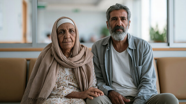 Iranian grandmother sitting beside her adult son at a hospital outpatient waiting room, her hand resting on his knee, rim backlighting from window behind them, empty nest evolved