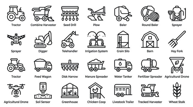 Agriculture and farming equipment icons showing tractors harvesters irrigation systems barn grain silos drones soil sensors livestock trailers and cultivation.