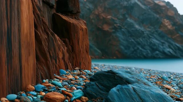 Pebble strewn shoreline with rocky cliff beside calm sea