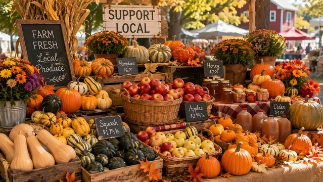 Autumn farmers market display with pumpkins and apples, rustic harvest festival stand with support local signage, fresh seasonal organic produce
