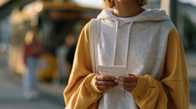 Sami teenager stepping off a bus in a city for the first time to meet someone she met in an online study group, extreme close up on her nervous hands clutching a handwritten