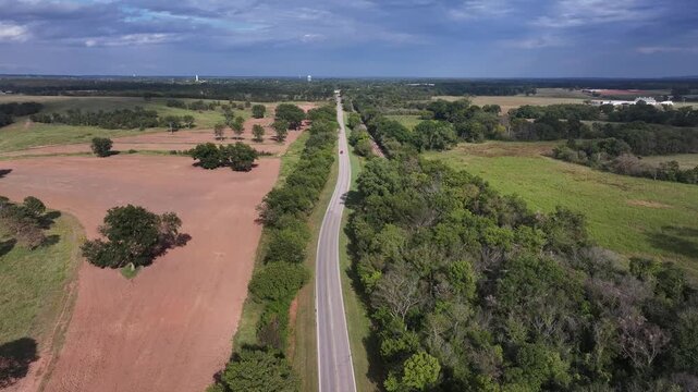 Aerial view of the green fields along Route 66 in Oklahoma, USA