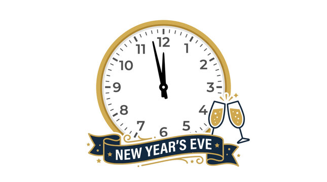 New Year's Eve, clock striking midnight, champagne glasses, celebration icon
