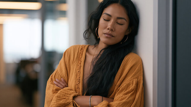 Pacific Islander empath in a crowded open-plan office pressing her back flat against a supply closet wall for a stolen quiet moment, eyes closed, arms crossed lightly over chest,