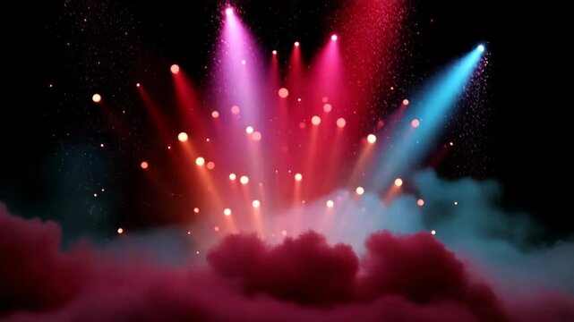 Colorful point lights radiating from misty red cloud like surface