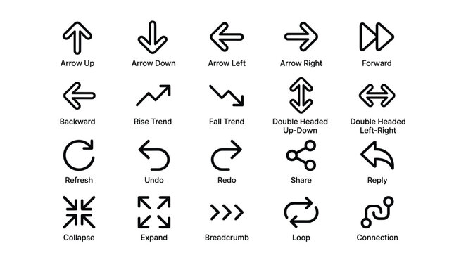 Collection of directional arrow icons and navigation symbols for interface design featuring movement trends refresh undo redo share reply and expansion controls.